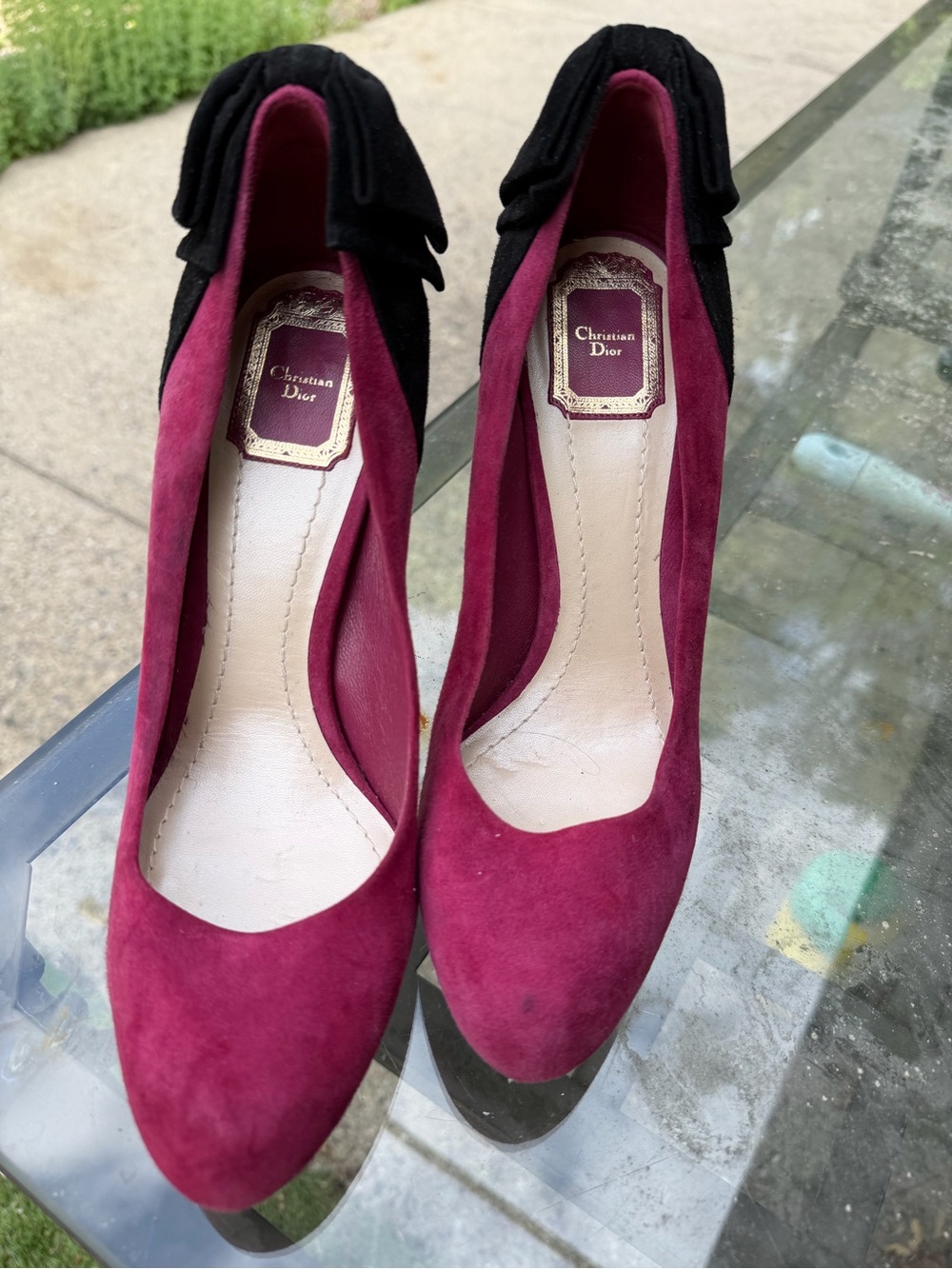 Dior Burgundy Suede Pumps with Black Bow Accent